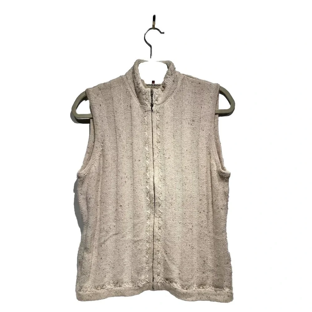 Woolrich Zip Front Sweater Cardigan Vest Tan Heather Sz S Wool Blend Old Money